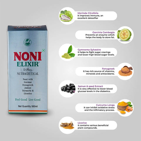 Noni Elixir - D Plus Diabetic Healthy Juice, Immunity Booster, Natural Detoxifier Noni Juice, 500 ml - Product Ingredients - www.nonielixir.com
